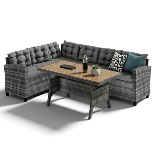 Image of CASARIA® Lisbon Polyrattan Garden Corner Lounge Dining Table Set | Bench WPC Table Top 7cm Thick Seat Cushions | Weatherproof Outdoor Patio Seating Group Garden Furniture | Grey