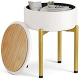 Memobarco 18-Inch Leather Vanity Stool Chair with Storage, Vanity Bench with 4 Golden Metal Legs & Anti-Slip Adjustable Feet,Round Storage Ottoman Stool with Removable Soft Padded Seat, White