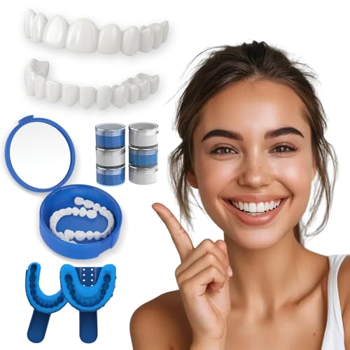 Cosmetic Dental Veneers, Upper and Lower Custom Fit Whitening Covers, Temporary Snap-On Smile Enhancement Kit, Reusable, with Fitting Tools