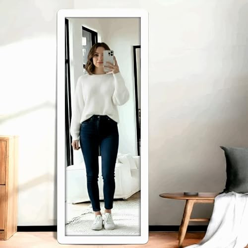 Image of Creative Arts n Frames 15x51 inch Sophisticated White Long Fiber Wood Wall Hanging Mount HD Mirror Home Decor Items Living Room Bathroom Bedroom Hotel Office (Sophisticated White Framed HD Mirror)
