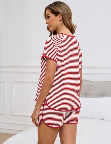 Image of Cotton Pajama Sets for Women 2 Piece Lounge Set Stripe Pj Set Loungewear Short Sleeve Top and Shorts with Pockets
