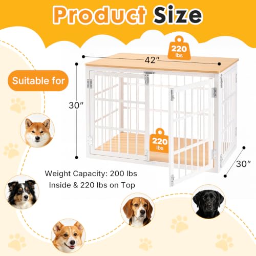 Image of NEWBULIG 42 Inch Dog Crate Furniture for Large Dogs, Space Saving Pet House End Table with Double Lock Door, Heavy Duty Indoor Kennel for Living Room, White & Wood