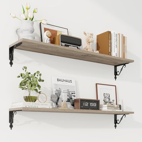 RICHFOCUS Floating Shelves for Wall Decor, 39.4W x 8D Shelves Set of 2, 8 Inch Deep Rustic Wood Shelves Wall Mounted with Brackets, Long Floating Shelves for Living Room Bedroom Kitchen, Grey