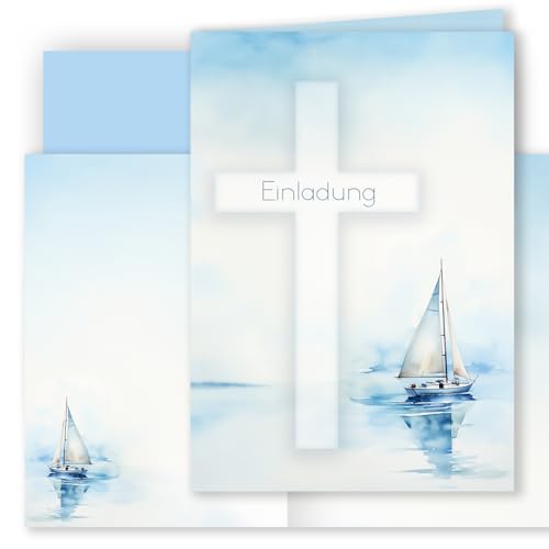 10 Einladungskarten mit Umschlag Einladung Klappkarten Karten stilvoll kreuz und Segelboot Aquarell zart zur Taufe Kommunion Konfirmation Firmung blau Mädchen und Jungen