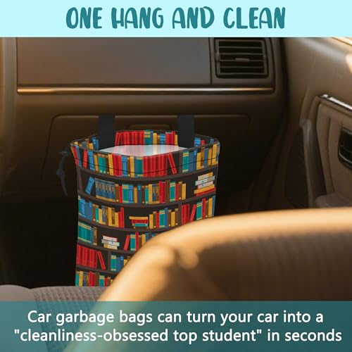 Image of Car Garbage Bag Colorful Bookshelves Library Drawstring Car Trash Bag Hanging for Back Seat with Adjustable Buckle Canvas Vehicle Trash Can Easy-to-Install