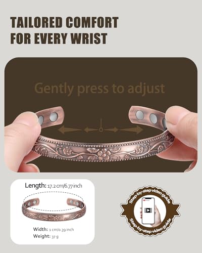 Image of Jecanori 2Pcs Magnetic Copper Bracelets for Women, Vintage Flower 99.99% Pure Copper Bracelets with 3500 Gauss Magnets, Adjustable Cuff Jewelry with Gift Box