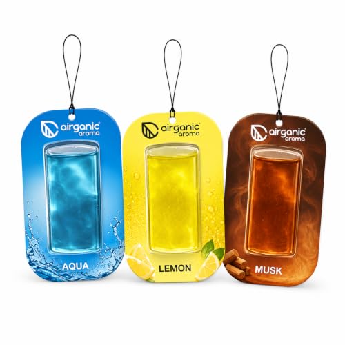 Image of AIRGANIC Aroma Gel Hanging Car Air Freshener Pack of 3 | Fresh Aqua, Musky & Citric Lemon | Long-Lasting Car Perfume | Membrane Gel Freshener | Up to 30 Days Freshness | 22.5ml | Car accessories 2026