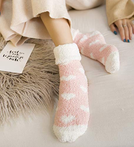 Plush Slipper Socks Women - Colorful Warm Fuzzy Crew Socks Cozy Soft 6 Pairs for Winter Indoor (Heart-shaped Pattern)