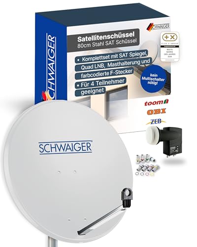 SCHWAIGER Satellitenschüssel Komplettset - Ø 80 cm Stahl Offset Antenne in Hellgrau - Inkl. sonnengeschütztes Quad LNB 4-Fach - Digital HD & 4K Empfang - Integrierte Kabelführung & wetterfest