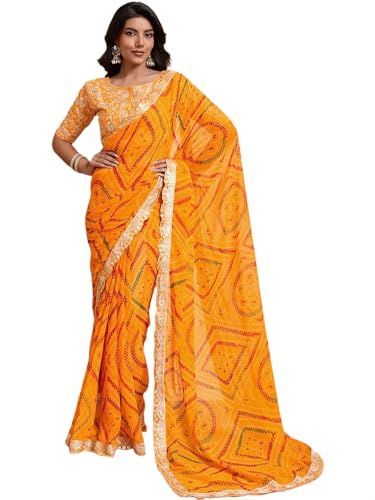 Image of SIRIL Women's Georgette Sequins Embroidery Printed Bandhani Saree with Unstitched Blouse Piece