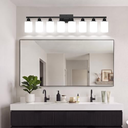 Image of MOKATNG 8-Light Bathroom Light Fixtures, Vanity Light with Milky White Shades, Matte Black Bathroom Light Fixtures Over Mirror, Modern Bathroom Wall Lamp for Mirror Living Room Cabinet Bedroom