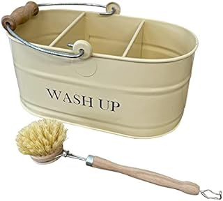 Cornish Cream Colour Kitchen Sink Enamel Washing up Sink Tidy with Wooden Handled Brush | Sink Caddy | Kitchen Sink Organiser | Sink Accessories | Washing up Utensil Holder