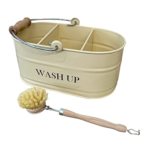 Cornish Cream Colour Kitchen Sink Enamel Washing up Sink Tidy with Wooden Handled Brush | Caddy | Organiser | Accessories | Utensil Holder