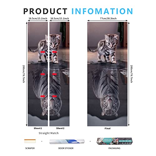 Urcolor Door Sticker Wallpaper Murals Peel And Stick Removable Vinyl Decals For Home Decor, 30.3" X 78.7" Tiger Cat #TOP2