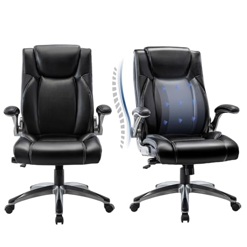 COLAMY Executive Office Ergonomic Chair with Thick Bonded Leather, Flip-up Armrests, High Back Adjustable Height and Tilt for Working, Study, Gaming,Set of 2