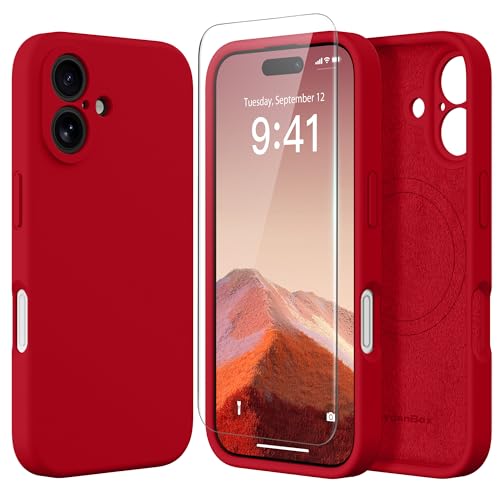 Image of Magnetic for iPhone 16 Plus Case, Compatible with MagSafe, [Full Camera Protection][Screen Protector] Silicone Shockproof Protective Phone Case for iPhone 16 Plus 6.7 inch, Red