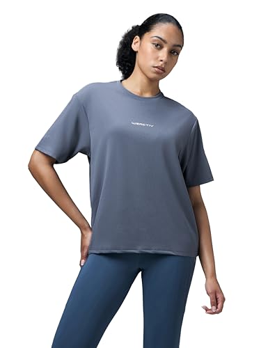 Image of TECHNOSPORT Women's Printed Boxy Fit Round Neck T-Shirt COTFLEX Half Sleeve Slip On Polyester for Gym Yoga Workout UPF50+ Anti Odour