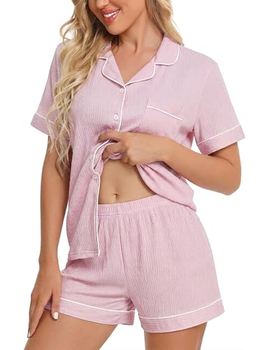 Image of SWOMOG Womens Button Down Pajamas Set Short Sleeve Sleepwear Bride Soft Pj Lounge Sets XS-3XL