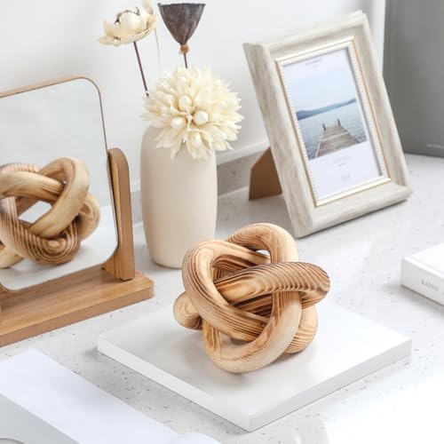 Image of Yalikop 3 Link Wood Knot Decor Rustic Home Decor Accents Hand Carved Coffee Table Decoration, Boho Chain Link Decoration, Modern Shelf, Rustic Objects for Home Living Room Bedroom(Burnt)