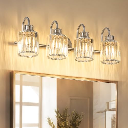 Image of Brushed Nickel Bathroom Light Fixtures with K9 Crystal Lampshade Bathroom Lighting Over Mirror Vanity Lights for Living Room,Bedroom,Restroom,Hallway 4 Lights