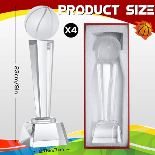 Meooeck 4 Pcs Crystal Glass Trophy with Gift Box 9.1 x 2.8 Inch Champion Award Austerity Paperweight for Desktop Large Table Decor for Tournaments Sports Competitions Parties Adults (Basketball)