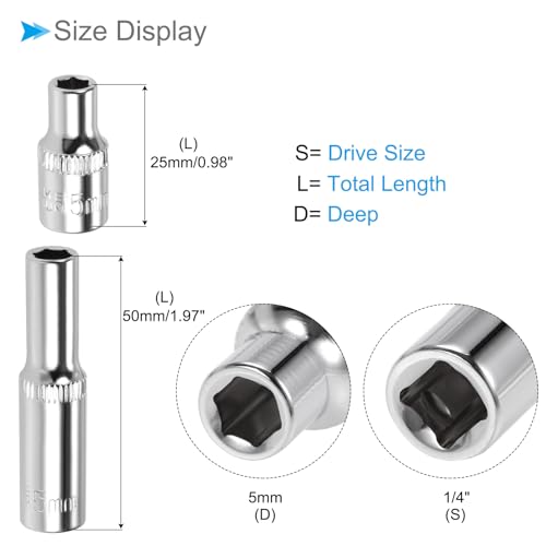 Image of 6-Point Socket, 1 /4 inch Drive 5mm Deep, Polished Chromed CR-V Metric Deep and Shallow Impact Socket - (Applications: for Ratchet Torque Electric Wrenches Car Repair), 2-Pieces