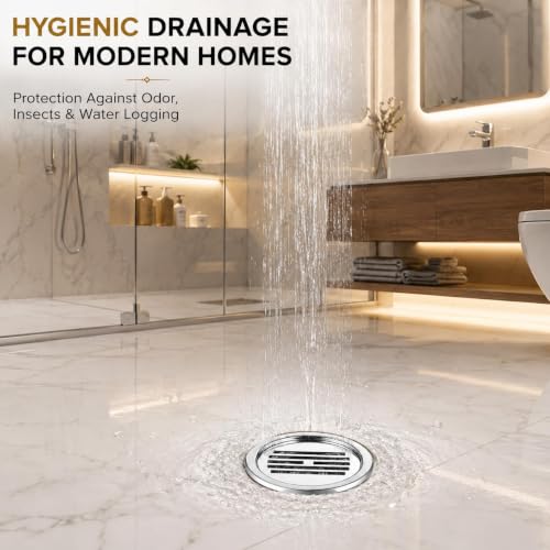 Image of Classic Round Floor Drainer 5 x 5 Inch 304 Grade Stainless Steel Floor Drain Cover Jali with Cockroach Trap Glossy Rust Resistant Drain Strainer for Bathroom Kitchen Balcony Utility Area