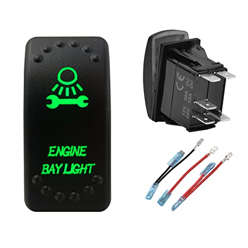 Image of Green Backlit Rocker Switch 5 Pin ON-Off Laser Etched Button Switch with Wires for Car Marine Boat UTV 20A /12V 10A /24V (Engine Bay Light)