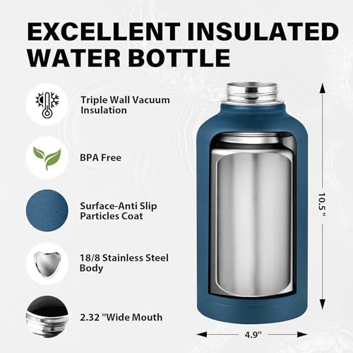 Image of Insulated Water Bottle 64 oz, Triple Wall Vacuum Stainless Steel Water Bottles (Cold for 48 Hrs), Leak Proof & Non-BPA, Half Gallon Water Flask Jug Wide Mouth Straw Lid & Spout Lid