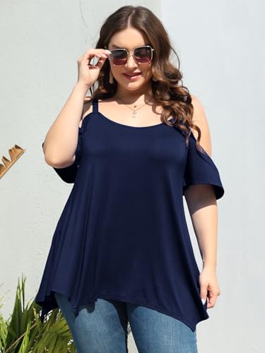 Image of LARACE Cold Shoulder Tops for Womens Summer Clothes Spaghetti Strape Tunic Oversized Shirts Asymmetrical Plus Size Blouse