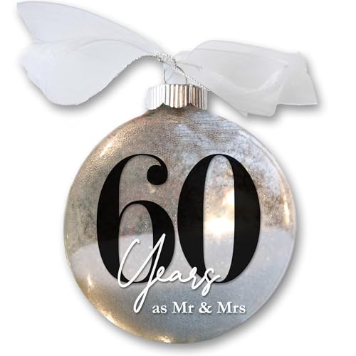 60th Anniversary Keepsake, Mr & Mrs Gift - Diamond Glitter Bauble with White Organza Bow
