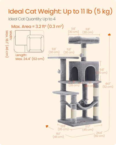 Image of Feandrea Cat Tree, 44.1-Inch Cat Tower, Plush Multi-Level Condo with 4 Scratching Posts, 2 Perches, Hammock, Cave, Light Gray UPCT261W01