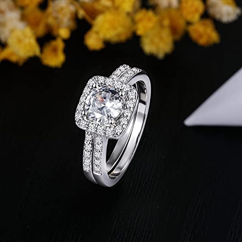 Gemsme 18K Gold Plated Two-in-One Wedding Engagement Eternity Rings Halo Cubic Zirconia Bridal Rings Set3