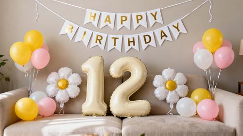 12.Geburtstag Deko für Mädchen Cremeweiß Nummer 12 Gänseblümchen Folienballons Geburtstag Banner Boho 12 Jahre Alt Party Ballon Dekorationen für Jungen Mädchen (12.)