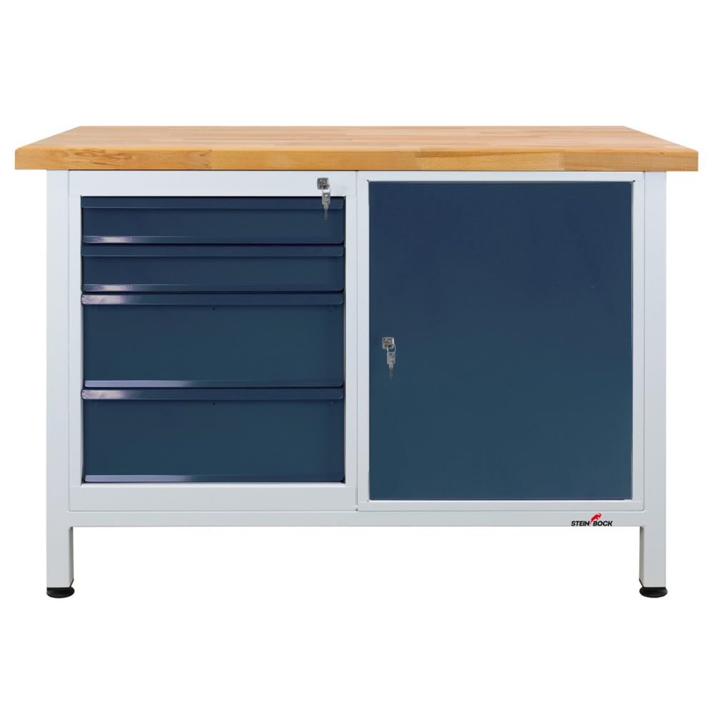 Steinbock Werkbank mit 4 Schubladen und Tür | 300 kg Tragkraft | HxBxT 84 x 120 x 60 cm | Anthrazitgrau | 4 cm Starke geölte Massivholz-Arbeitsplatte | stabiles Stahlgestell | Made in EU | Werktisch