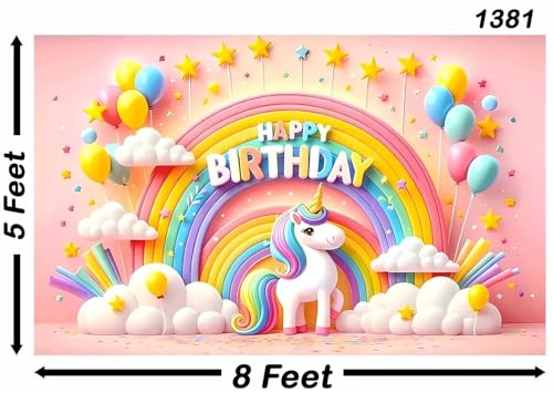 Image of Backdropon Rainbow Unicorn Themed Happy Birthday Design Backdrop for Birthday Decoration Traditional /Background Curtain Cloth for Party /Festival Size 5 Feet Height and 8 Feet Width (5 * 8)