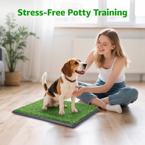 Image of Portable Dog Grass Pad with Tray 20''x25'': Dog Litter Box with Artificial Grass Patch Bathroom Mat & Washable Pee Pad for Puppy Potty Training, Pet Loo Indoor Outdoor Use for Patio Balcony Apartment