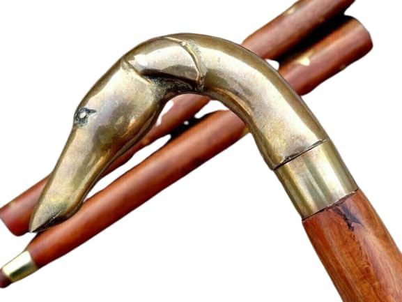 K Gallery Bastón de madera con mango de cabeza de perro de latón, bastón de madera vintage para regalar