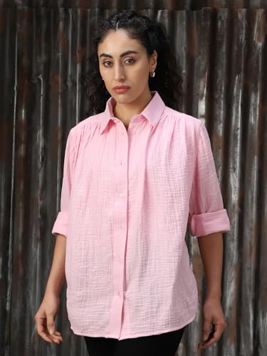 Image of High Star Women Cotton Solid Oversized Fit Casual Collar Full Sleeves Shirts