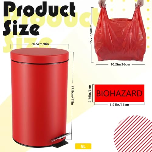 Image of Geiserailie 1 Set 1.32 Gallon Stainless Steel Biohazard Trash Can with 50 Hazardous Bags, Foot-Operated Self-Closing Lid & Biohazard Labels for Medical Hospitals Industrial Infectious Waste Disposal