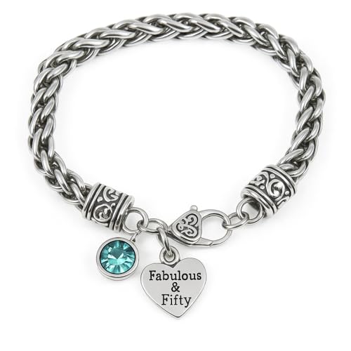 Infinity Collection 50th Birthday Charm Bracelet with Birthstone & Letter Charm, 50th Birthday Gifts for Women, Fabulous and Fifty Bracelet (Style 3)