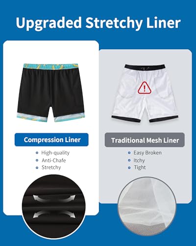 Cerburny Mens Swim Trunks with Compression Liner Men Beach Shorts Bathing Suit Quick Dry Printed Swimming Short with Pockets4