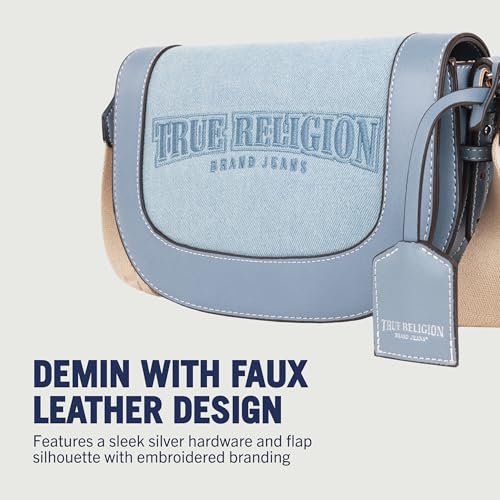 True Religion Saddle Bag, Women's Dark Denim Logo Shoulder Purse Handbag, Denim3
