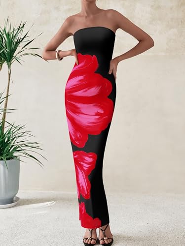 Image of PRETTYGARDEN Women Summer Strapless Maxi Dress Bodycon Floral Sexy Long Wedding Guest Dress Formal Tube Mesh Cocktail Dresses