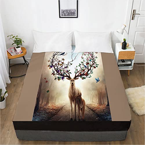 GKLLXC Spannbettlaken 180 x 200 cm Vogel & Hirsch & Apfel Bed Sheets Boxspringbett Spannbettlaken Voll Elastische Tiefe Tasche Pflegeleicht Und Langlebig Atmungsaktives Spannbetttuch Cover