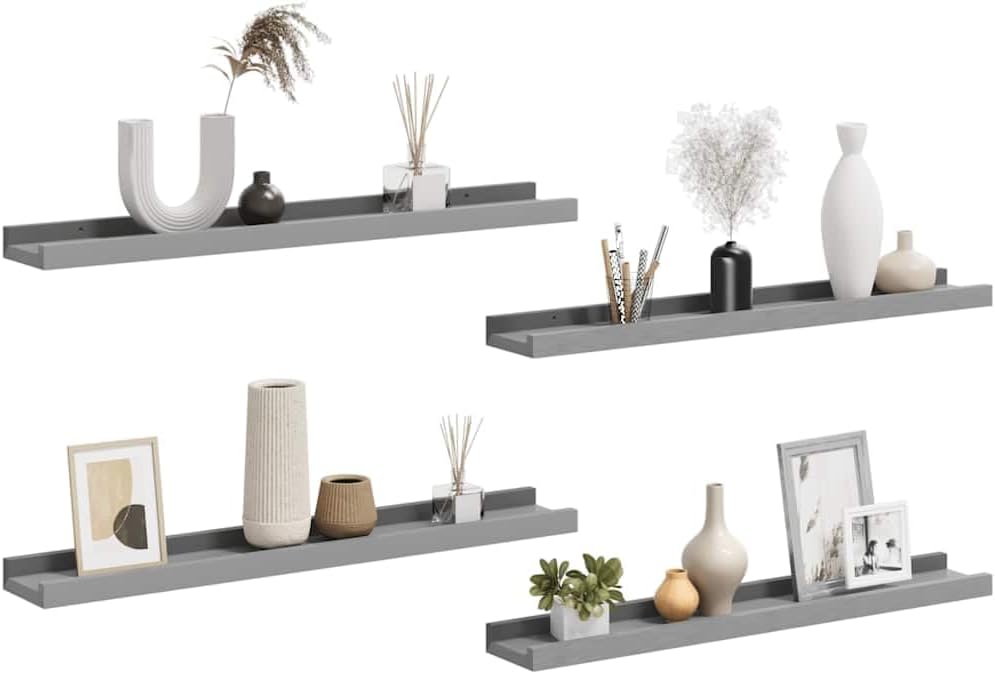 Set of 4 Grey MDF Floating Wall Shelves 23.6 x 3.5 x 1.2 Inches for Living Room Bedroom Storage with Matte Finish and Included Hardware
