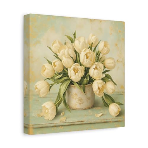Tableau tulipes blanches dorées 25x25cm déco moderne salon