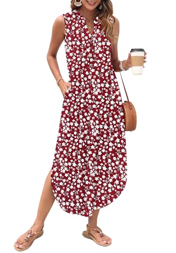 Image of AUSELILY Womens Summer Casual Maxi Dresses 2026 Sleeveless Long Beach Dresses V Neck Loose Sundresses with Side Split Pockets