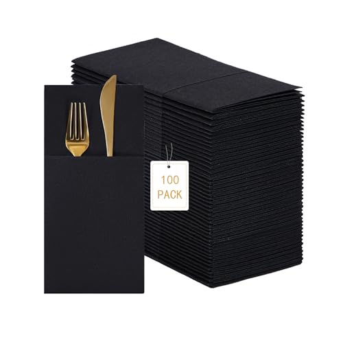 DealbyBox 100pcs Linen Feel Napkins, 1/8 Prefolded, Disposable Airlaid Paper Napkins with Built in Flatware Pocket, Heavy-duty Dinner Napkins for Restaurant,Party,Wedding& Dinner (100Pack, Black)