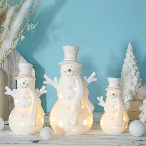 Tujoe 3 Pcs Light up White Ceramic Snowman Decor LED Lighted Porcelain Snowman Figurines Tabletop Battery Operated for Christmas Gifts Winter Fireplace Mantel Table Centerpiece Decorations